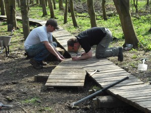 Building wooden mountain bike trail section.