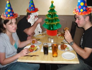 Christmas party hats and beard