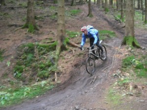 Riding some roots in the Forest of Dean downhill area.