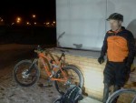 Mountain biker standing outside Orbital retail park in Swindon.