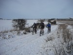 Three mountain bikers on snowy road.