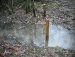 Sign post in river.