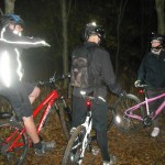 Mountain bike riders in the dark.