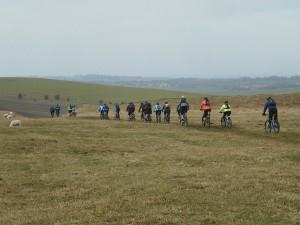 Group of mountain bikers near Barbury castle.