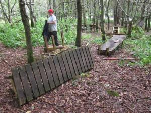 Wood ramp at mountain bike trail.