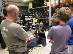 Bike maintenance training session at Hargroves Cycles in Swindon.