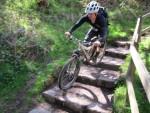 Riding a set of steps near Derwent Dam