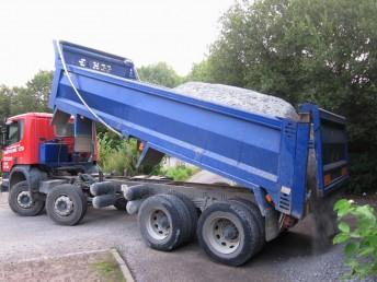 Earthline delivering limestone to mountain bike trail in Wiltshire.