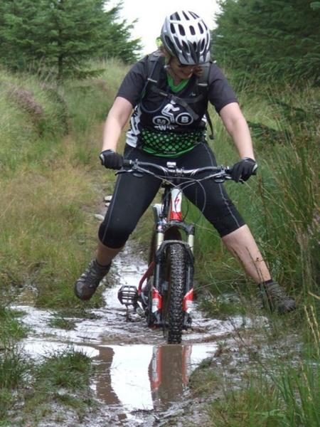 Deep puddle on bike at Brechfa.