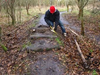 Log steps at Croft mountain bike trail in Wiltshire.